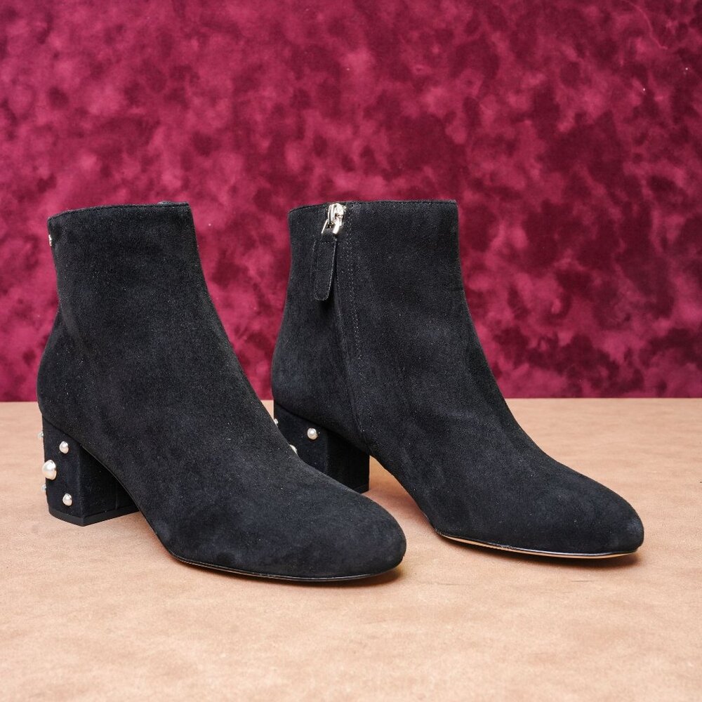 Kate Spade Women Taraji Black Suede Pearl Block Heel Ankle Boots 7US